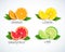 Citrus fruits halves and quarter wedges, 4 realistic icons square with orange grapefruit lemon, isolated vector illustration