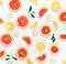 Citrus fruits pattern composition top view background.