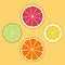 Citrus logo, icon, emblem. Lemon, lime, orange, grapefruit. Juicy set of slices of different fruits. Flat design. Vector