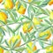 Citrus pattern with lemons on the branches with green leaves painted in watercolor on a white background