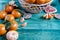 Citrus tangerines in a basket, close-up, blurred backgrounde background