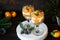 Citrus trifle with fresh tangerines. Christmas portioned dessert on the festive table