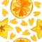 Citruses and carambola drawings seamless pattern. Summer fruits mix texture