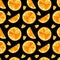 Citruses drawings seamless pattern. Summer fruits texture on dark background.