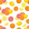 Citruses seamless pattern. Lemon, grapefruit and orange whole and slices isolated on white. Food background.