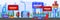 City advertising vector illustration, cartoon flat urban cityscape panorama with modern skyscraper building with advert