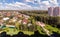 City aerial view of residential neighborhood with architectonic connections sunny autumn day.