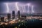 City awash in color during a mesmerizing lightning storm