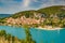 The city on the bank of the artificial lake in France, Provence, lake Saint Cross, gorge Verdone, azure water of the