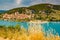 The city on the bank of the artificial lake in France, Provence, lake Saint Cross, gorge Verdone, azure water of the