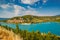 The city on the bank of the artificial lake in France, Provence, lake Saint Cross, gorge Verdone, azure water of the