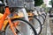 City bike, a row of public bicycles for rent parking on footpath in Taipei