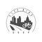 City Bike Shop Emblem, Badge. Monochrome Vector Illustration. Bend Road and Big City Skyline