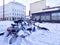 City bikes covered on snow in a street