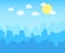 City with blue sky, white clouds and sun. cityscape skyline flat panoramic vector background
