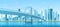 City bridge over water bay vector illustration, cartoon flat modern new bridge to downtown futuristic metropolis, blue