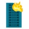 City building in fire icon, flat style