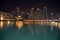 City building at night and water reflect photo