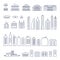 city buildings line icon set - various types of government buildings and skyscrapers simple linear pictogram on white