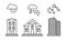 City buildings and with weather icons, sunny, rainy weather, day, night linear vector Illustration on a white background