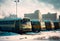 City buses in the parking, creative digital illustration painting, vintage style