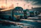 City buses in the parking, digital illustration painting artwork, retro style