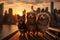 City canine scene dogs, including dachshunds, enjoy a sunset stroll