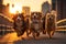 City canine scene dogs, including dachshunds, enjoy a sunset stroll