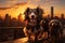 City canine scene dogs, including dachshunds, enjoy a sunset stroll