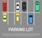 City car parking vector illustration. Top view of parking zone with a variety of cars. Parking garage with free places