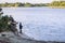 City Carnikava, Latvian Republic. Fisherman catching fish in the river, nature, silence and water waves. Sep 04. 2019