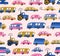 City cars, tractors and publish vehicles transport.Vector seamless pattern. Traffic jam. Cute baby boy design for fabric, wallpape