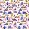 City cars, tractors and publish vehicles transport.Vector seamless pattern. Traffic jam. Cute baby boy design for fabric, wallpape