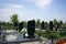 City cemetery with black marble monuments above the graves.