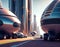 City center street of the future with chrome vehicles AI sci-fi