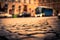 City central square paved with stone after a rain on which riding bus.