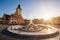 City central square (Piata Sfatului) with town council hall tower, fountain morning sunrise view, location Brasov, Transylvania,
