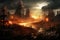 A city is in chaos as a raging fire engulfs numerous buildings, creating an apocalyptic scene, War city dangerous disaster,