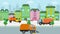 City cleaning cars vector illustration. Sweeper truck machines clean wash urban street, pavement, remove garbage