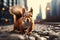 City critter squirrel navigates the urban landscape with a blurred background