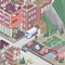 City district in isometric 3d style. Modern town. Set of buildings, houses, townhouses, multi-family homes, shop, bar, school, hos