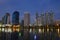 City downtown water park with reflection view after sunset