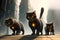 City-dwelling cats with brilliant neck decorations, cleverly gathered together. AI generated