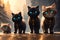 City-dwelling cats with brilliant neck decorations, cleverly gathered together. AI generated