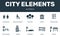 City elements set icons collection. Includes simple elements such as Restroom, Disabled, Public park, Hostel and Car