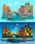 City Europe flat vector: river canal, bridge, historic buildings