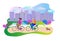 City family concept outdoors park scene with couple enjoying active leisure while driving on bicycles. Vector illustration.