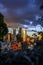 The city of Frankfurt, Cityscape at sunset, against the light with a view of the skyline and the sunset