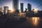 The city of Frankfurt, Cityscape at sunset, against the light with a view of the skyline and the sunset