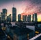 The city of Frankfurt, Cityscape at sunset, against the light with a view of the skyline and the sunset